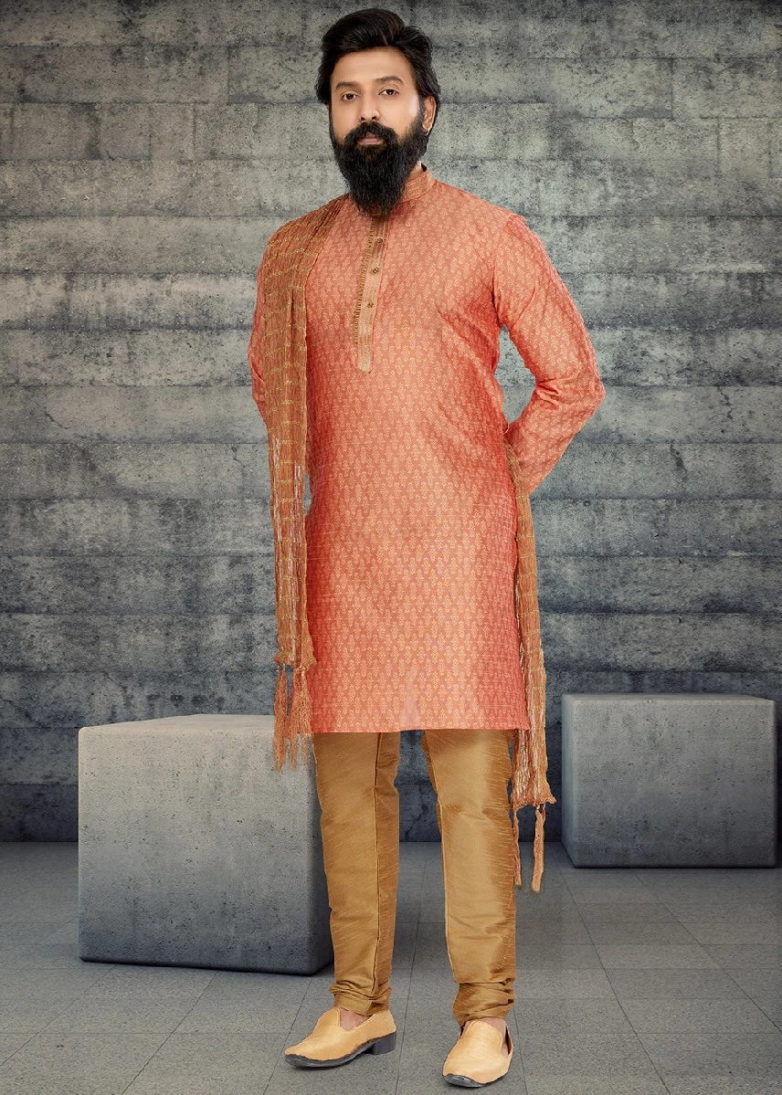 Peach Kurta Pajama In Woven Work, 36-1.webp